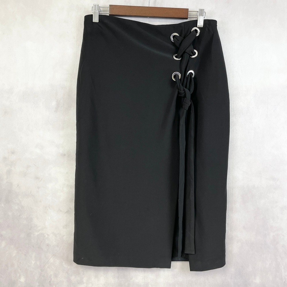 Joseph Ribkoff Women Skirt 10 Y2K Gothic Lace Up Midi Black Edgy Streetwear Chic